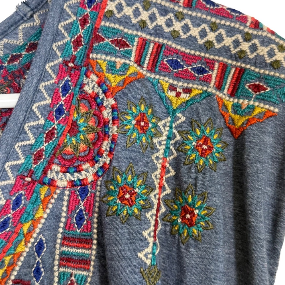 Johnny Was Embroidered V-Neck Cap Sleeve Boho Top Heathered Blue light Cotton S - Picture 6 of 10